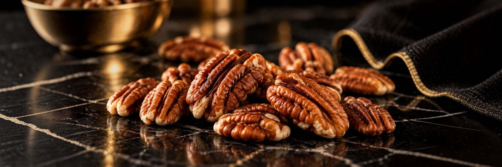 TNT Sweets San Saba pecans scattered on a black and gold marble surface with gold accents. 