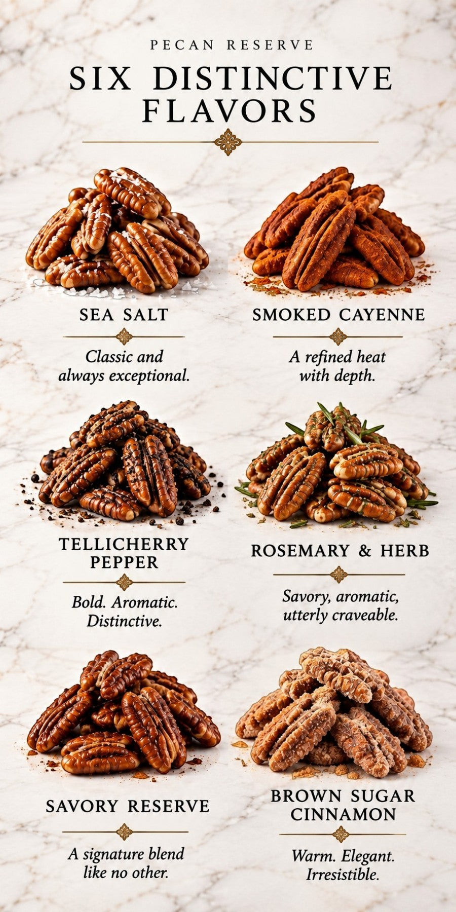 TNT Sweets palette of six pecan flavors including Sea Salt, Smoked Cayenne, Tellicherry Pepper, Rosemary & Herb, Savory Reserve and Brown Sugar Cinnamon.