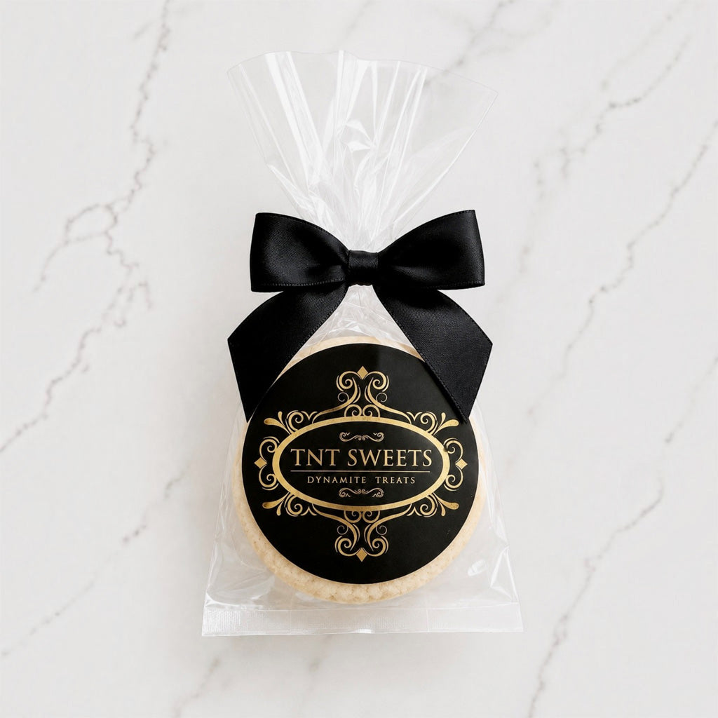 The Première vanilla bean shortbread cookie favor with black and gold TNT Sweets crest.