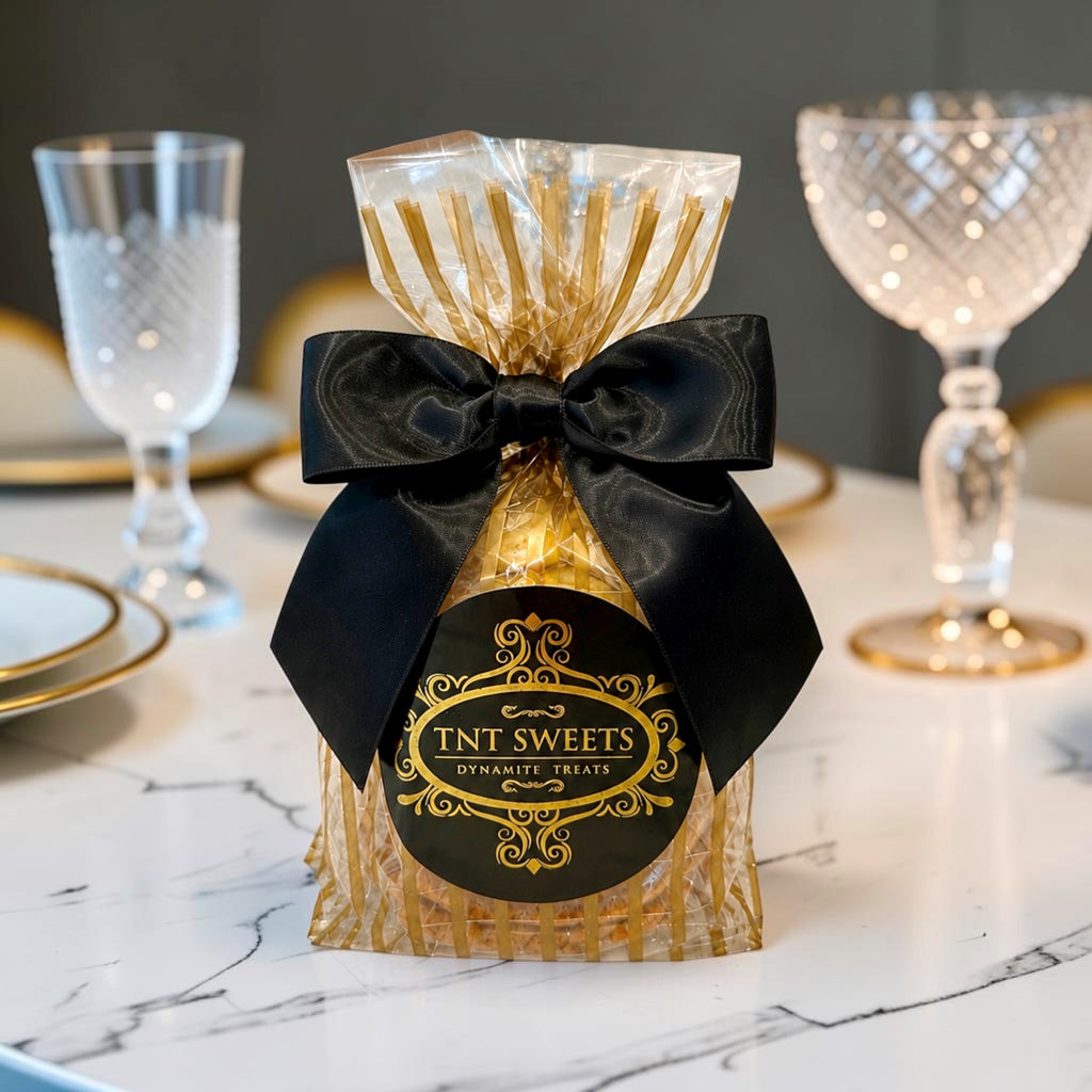 The Quartet by TNT Sweets in a gpld-striped gift wrap with black satin bow and gold logo medallion on a white marble table. 