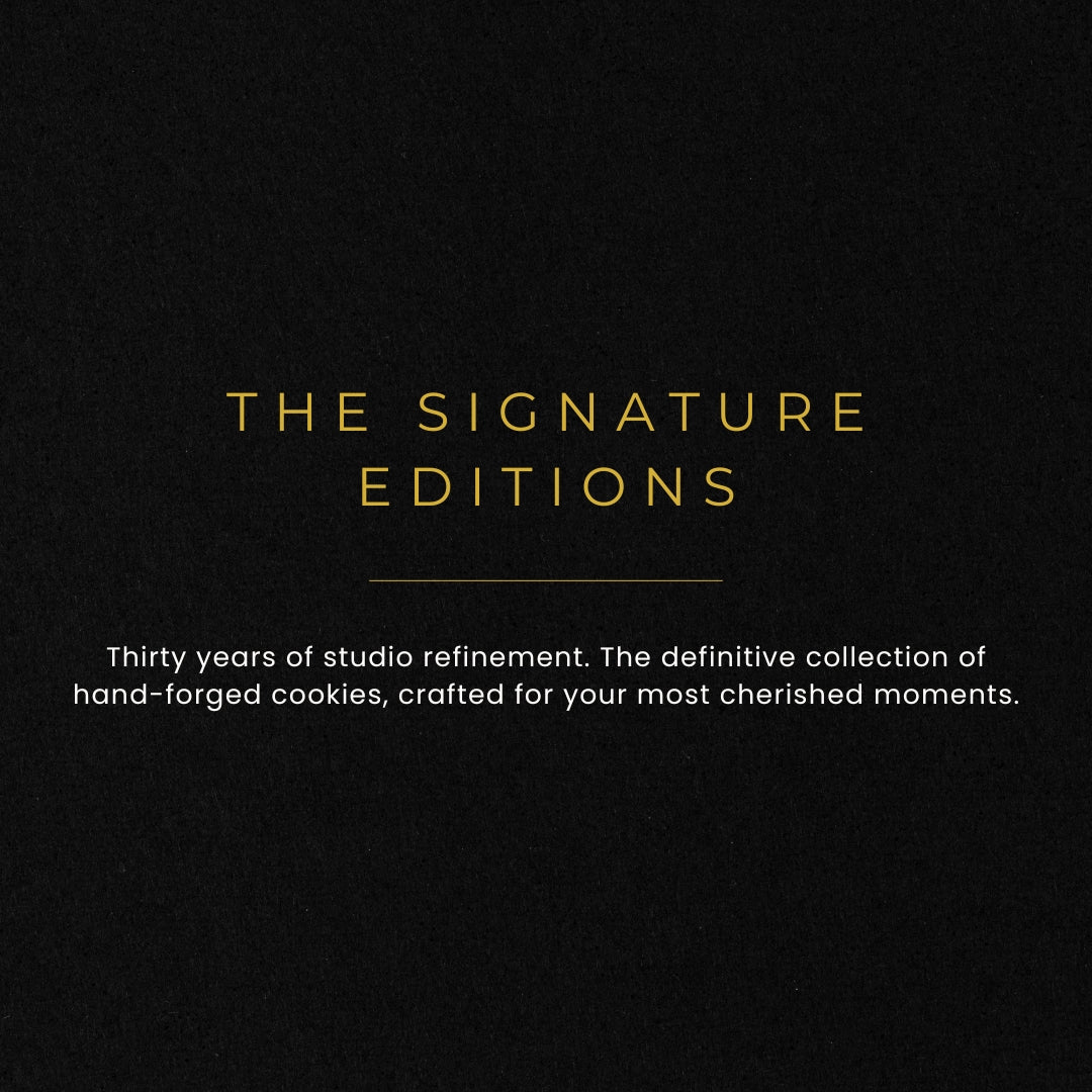 Black background with gold text 'THE SIGNATURE EDITIONS' and white text describing the collection.