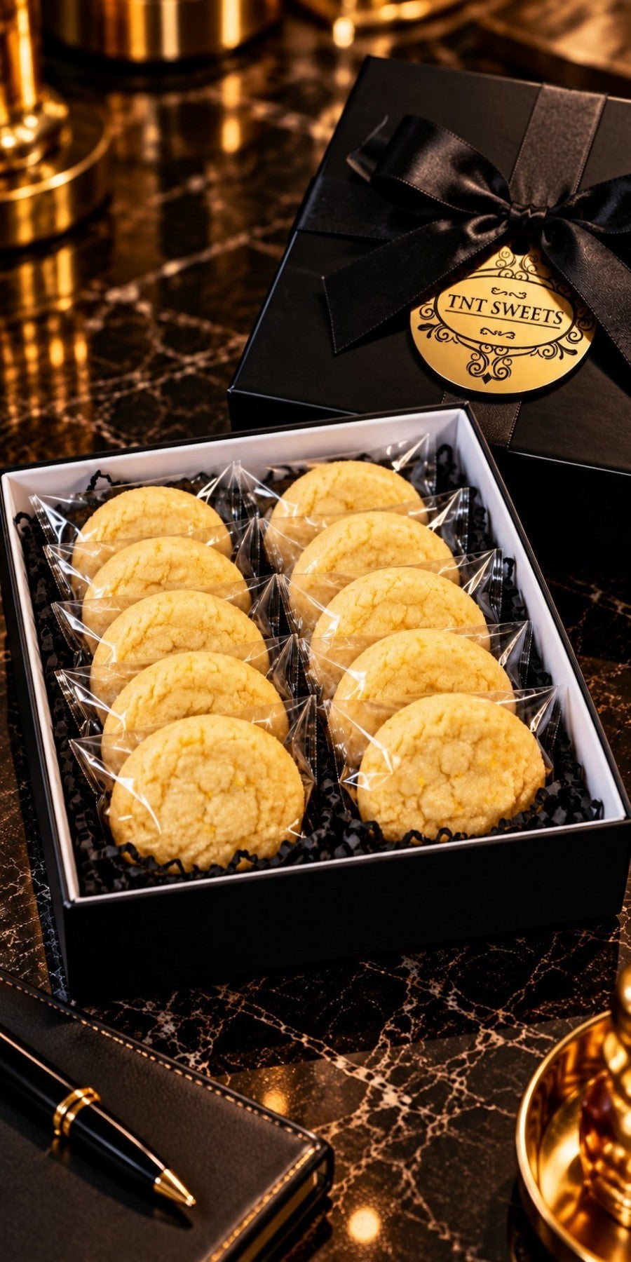 TNT Sweets, open keepsake box dozen of The Lumiere lemon cookies with the lid with the medialllion on a black/gold marble background.