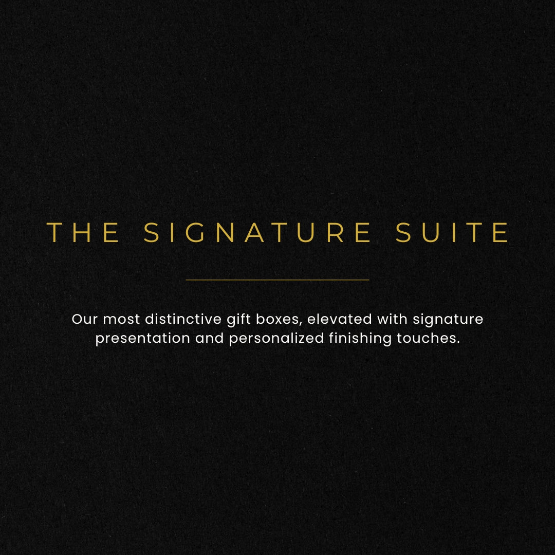 Text on a black background describing 'The Signature Suite' gift boxes.