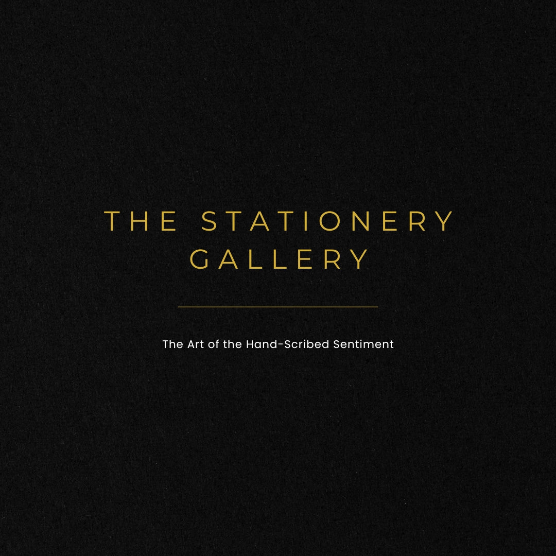 Black background with gold text 'THE STATIONERY GALLERY' and subtitle 'The Art of the Hand-Scribed Sentiment'.