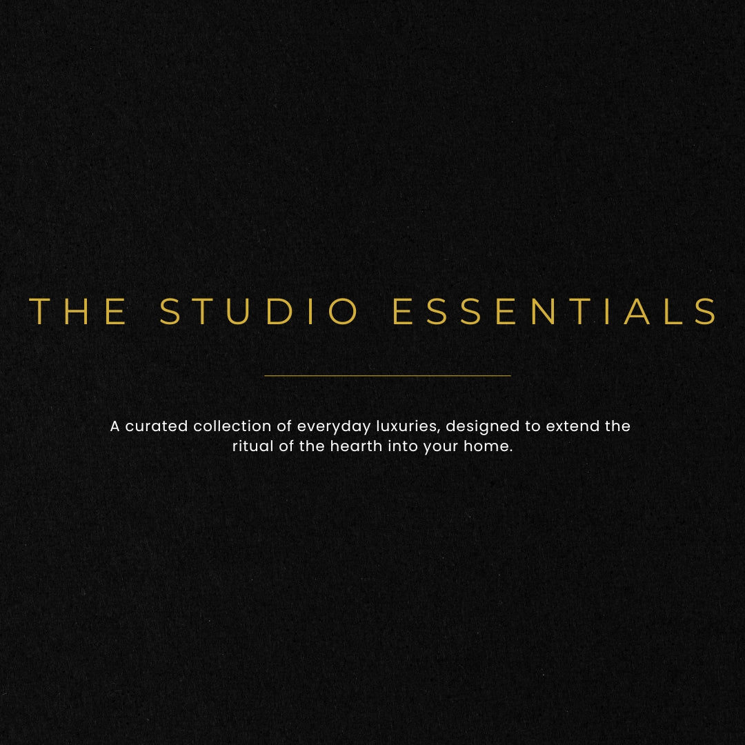 Text 'THE STUDIO ESSENTIALS' on a black background with a description of everyday luxuries.