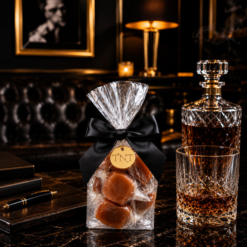 TNT Sweets Velvet Heat caramel favor with black satin ribbon and gold medallion styled in an upscale dark lounge with black marble and warm gold accents.