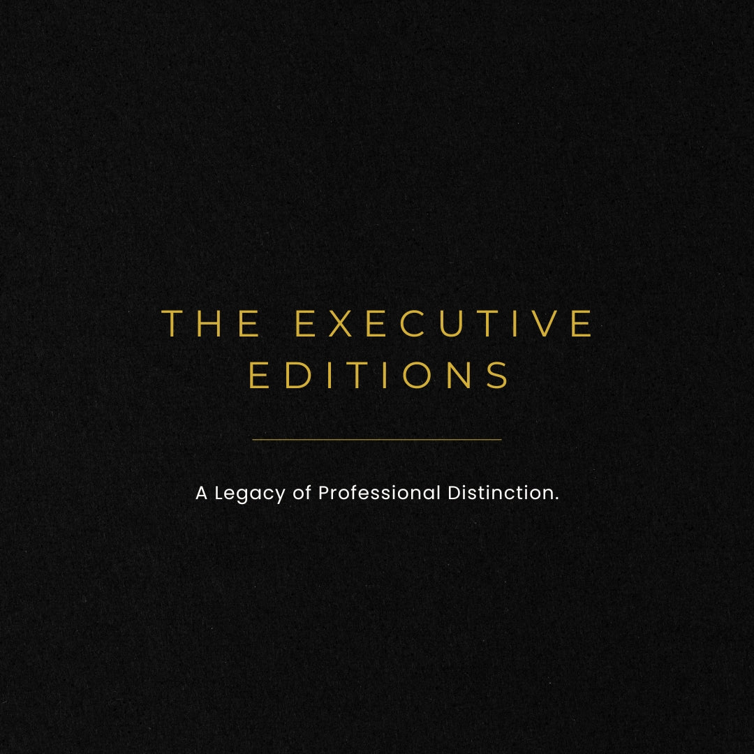 Black background with gold text 'The Executive Editions' and tagline 'A Legacy of Professional Distinction'.