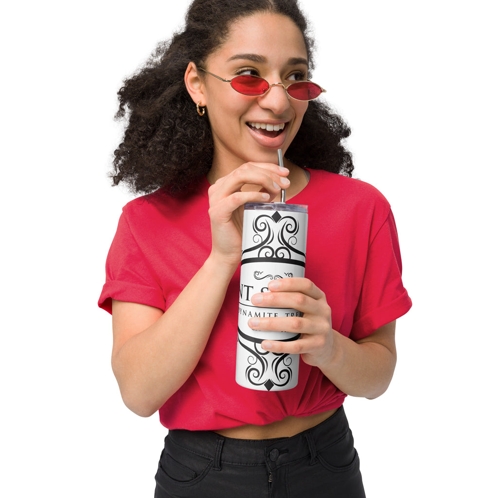 Model holding our classic white 20oz tumbler with black logo with white background.