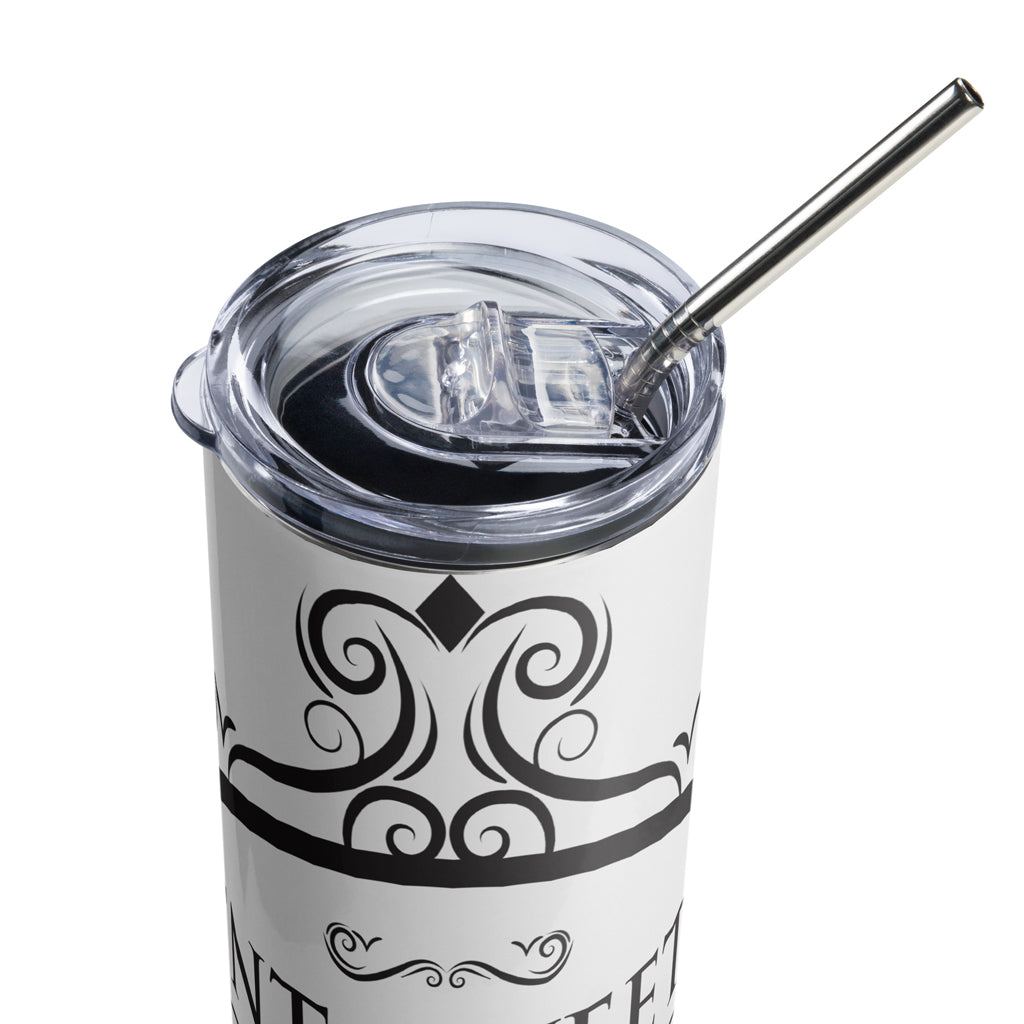 Closeup of 20oz classic white tumbler with lid and stainless steel straw on a white background.