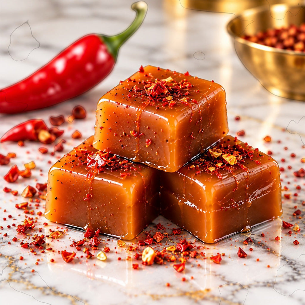 Velvet Heat handcrafted caramels with cayenne pepper and red chili accents on white marble.