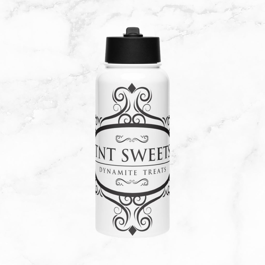 Classic white water bottle with black logo on a marble countertop with.