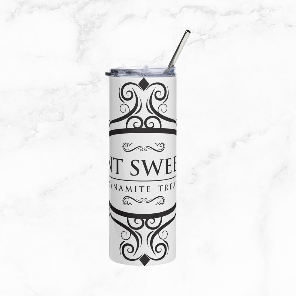 Classic white 20oz tumbler with a black logo on a marble countertop.