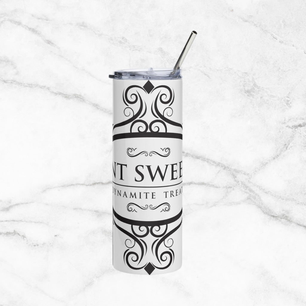 Classic white 20oz tumbler with a black logo on a marble countertop.