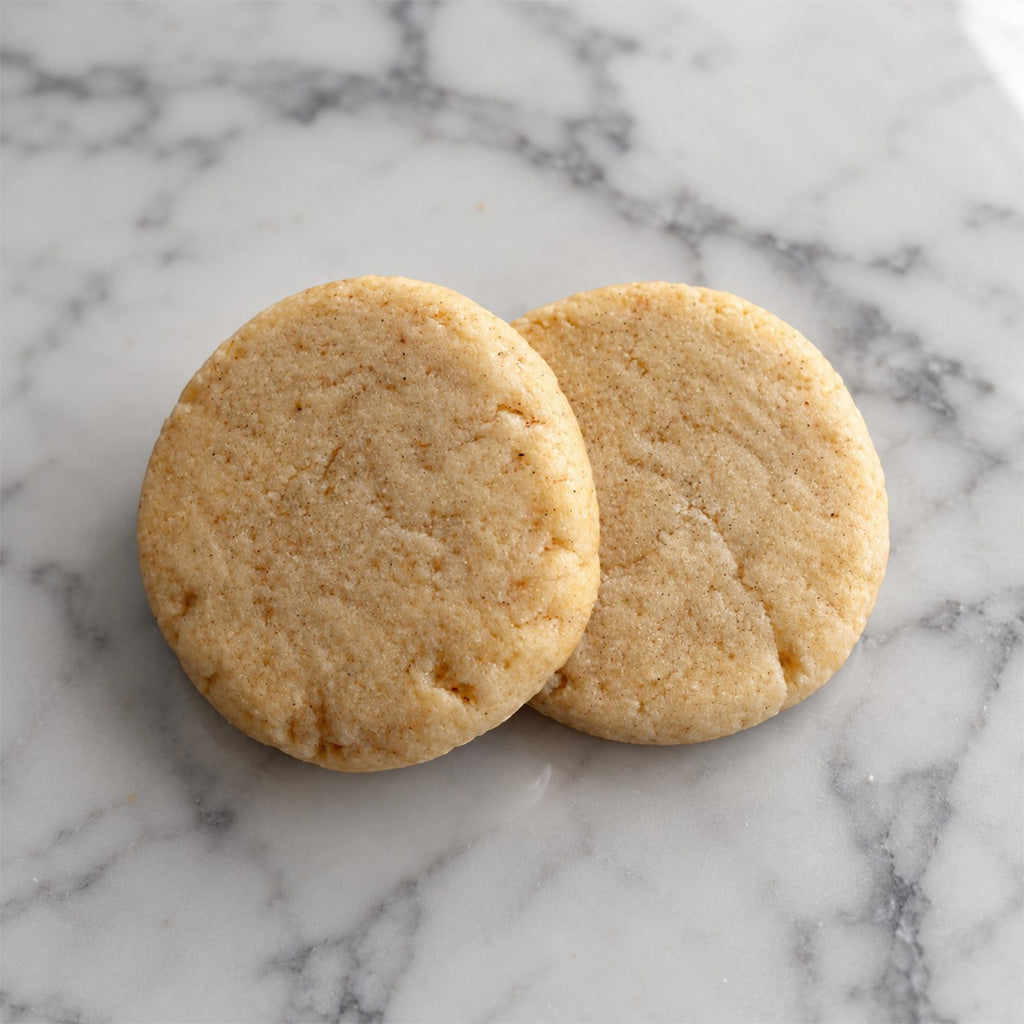 Two The Première vanilla bean shortbread cookies on a white marble background.
