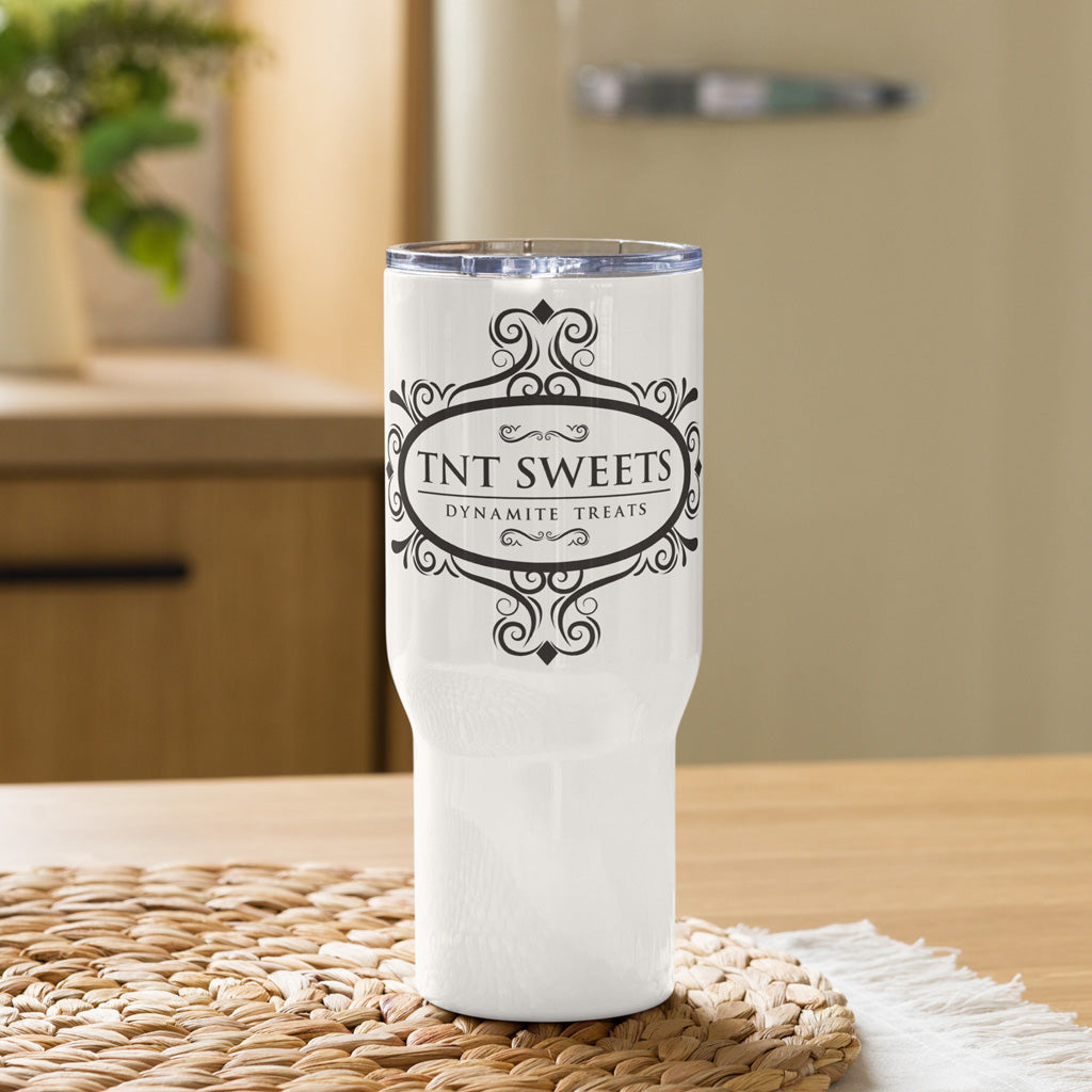 White 25oz tumbler on a light wood countertop.